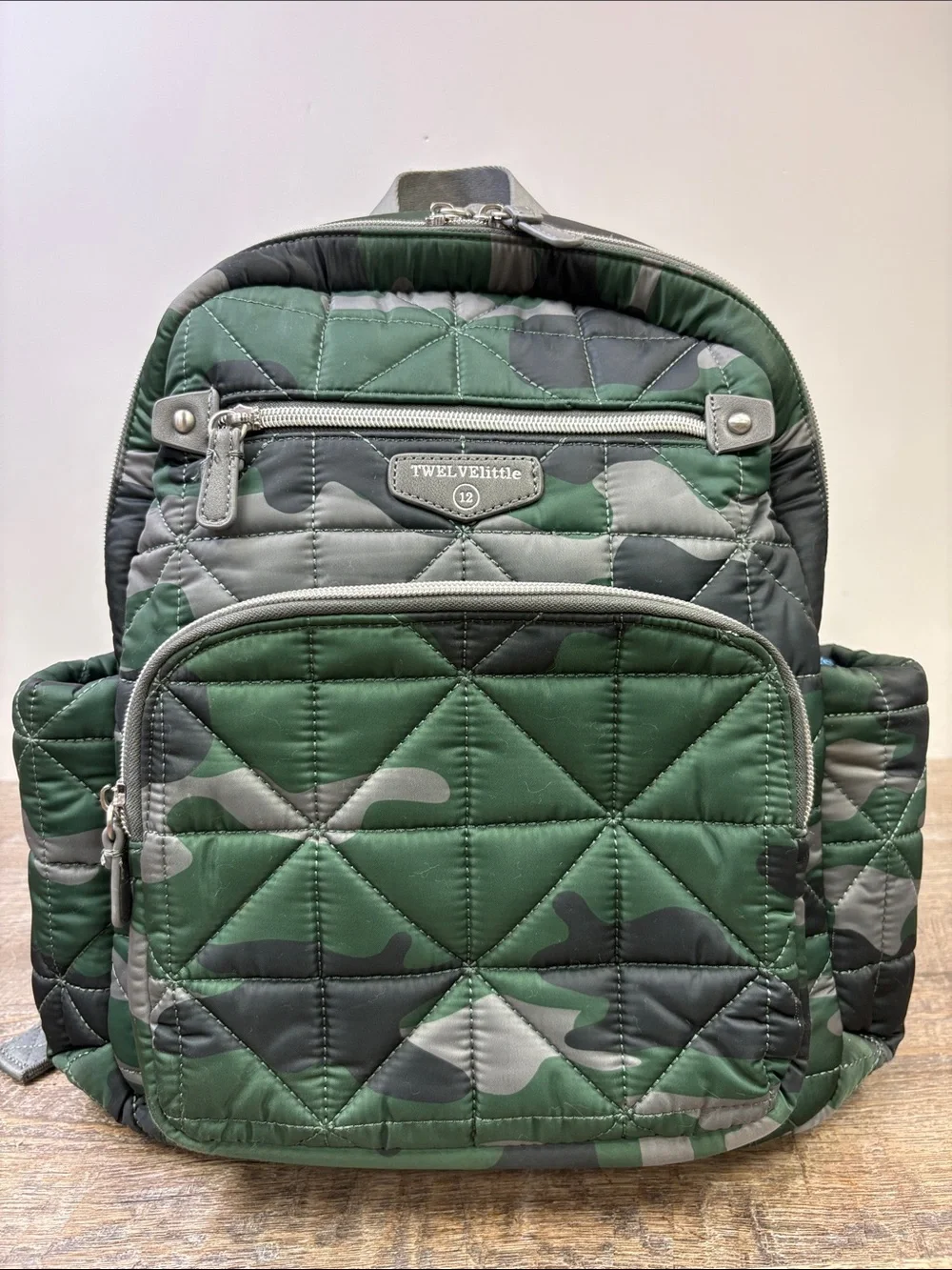 TWELVElittle Companion Backpack Diaper Bag Green Camo Quilted Changing Pad